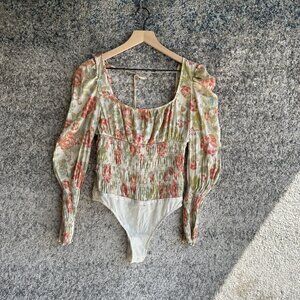 Free People Bodysuit Womens Small‎ Smocked Long Sleeve Bohemian Floral Stretch